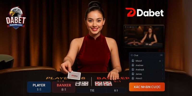 Dealer Dabet chia bài tại bàn Baccarat với nụ cười thân thiện và giao diện cá cược sắc nét