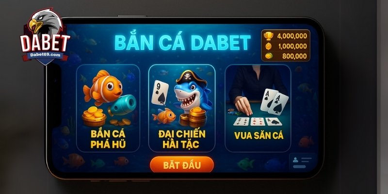 Giao diện chuyên mục Bắn cá Dabet với 3 game nổi bật và bảng thưởng